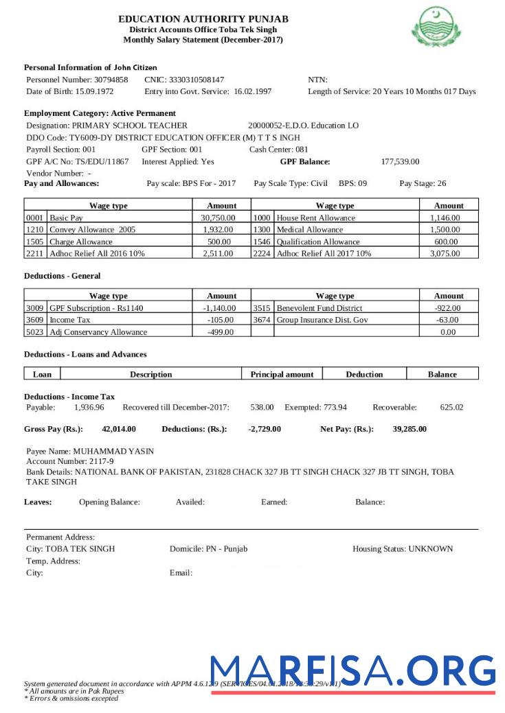 Downloadable India education authority Punjab mpnthly salary statement real example